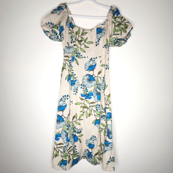 Tulip Creations Floral Short Puff Sleeve Smocked Back Midi Dress M - Picture 1 of 4